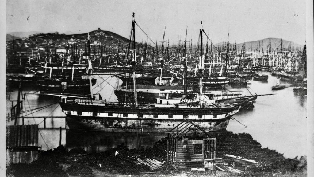 Port of San Francisco, 1850. Ships abandoned during Gold Rush
