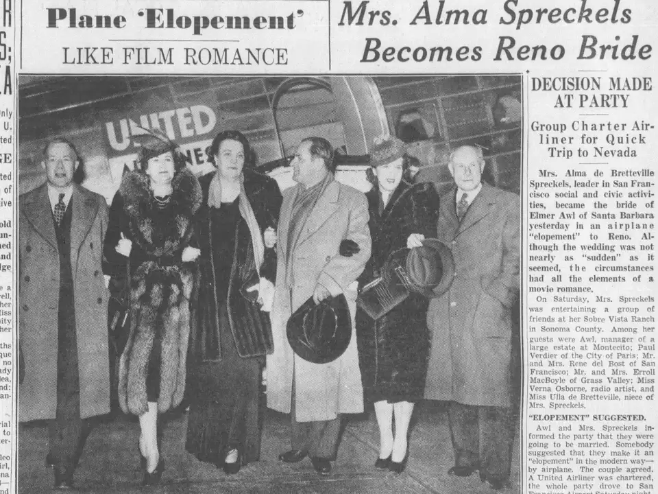 Alma de Bretteville Spreckels and new husband Elmer Awl. Her niece Ulla stands next to Awl (center).