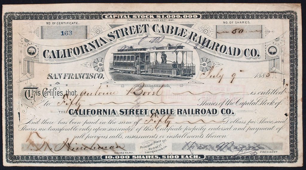 California Street Cable Railroad Company share certificate, 1885