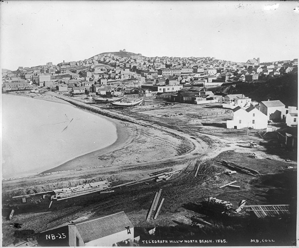 Looking east across North Beach in the mid 1860s with Telegraph Hill in the distance