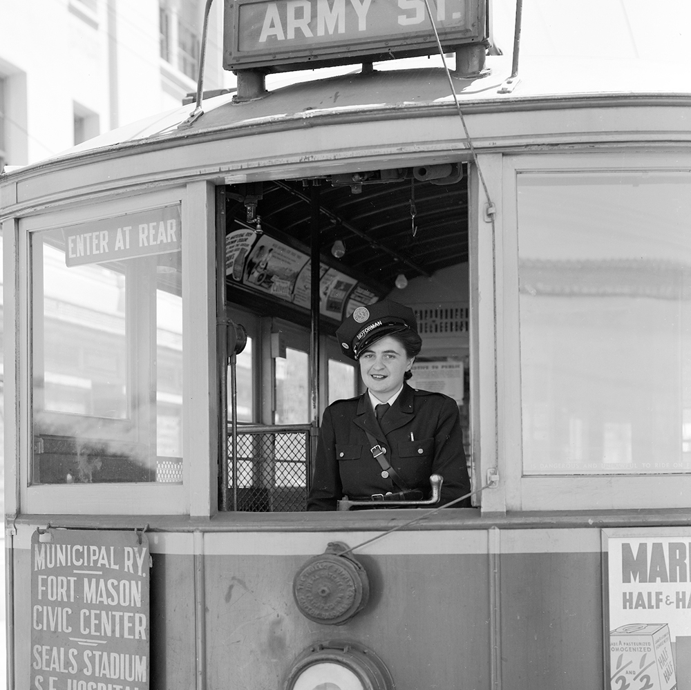 Muni Streetcar Operator Dolores Piluso With Streetcar 52 | June 22, 1943