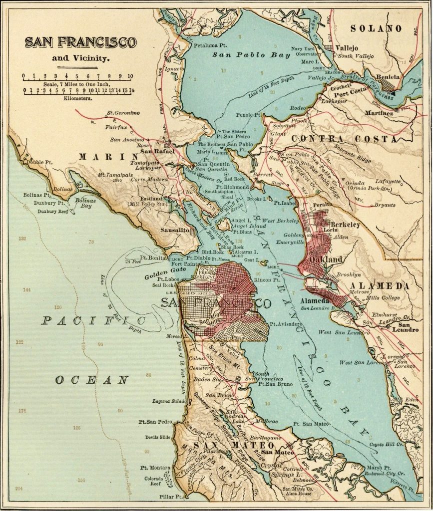 Map of San Francisco Bay area c. 1900, from the 10th edition of Encyclopædia Britannica, showing changing foreshore