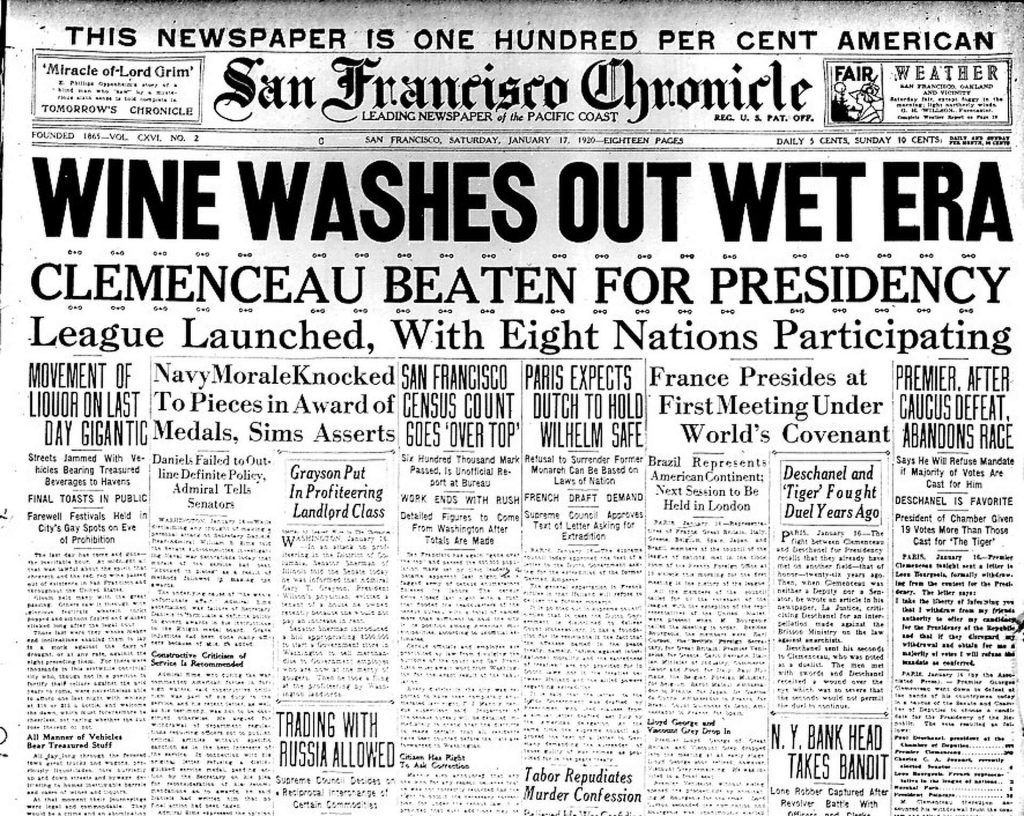 San Francisco Chronicle announcing beginning of Prohibition